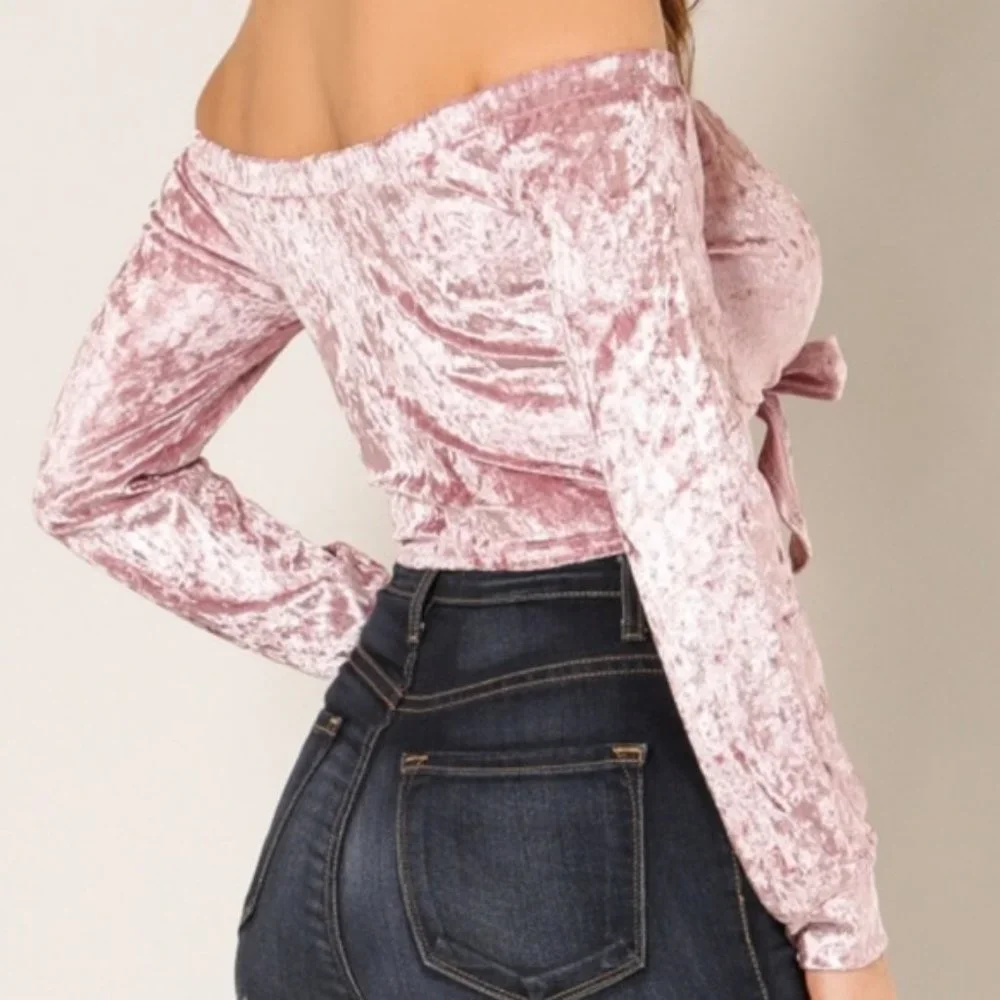 Pink Crushed Velvet Tie Front Crop Top NEW - Picture 6 of 7